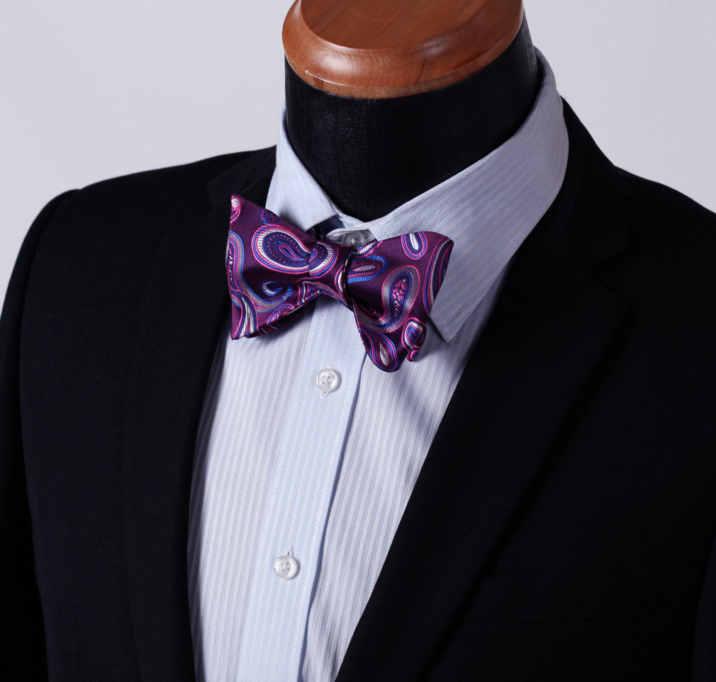 Purple Blue Paisley Mens Silk Self tie Bow Tie with Pocket Squares Set - Amedeo Exclusive
