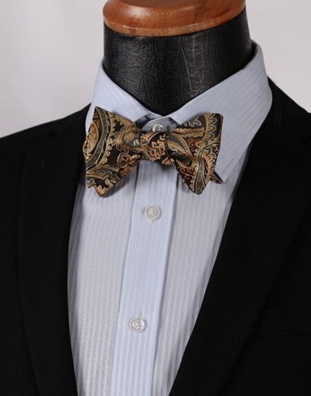 Men's Silk Gold Paisley Floral Self  Bow Tie Pocket Handkerchief - Amedeo Exclusive