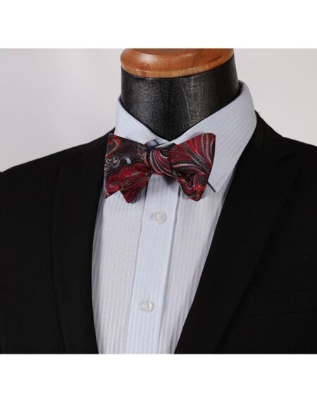 Men's Silk Red Gray Floral Self  Bow Tie Pocket Handkerchief - Amedeo Exclusive