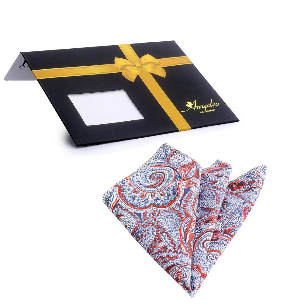 Blue Red White Paisley Premium Quality Men's Pocket Square Hanky Handkerchief Made of Soft Material - Amedeo Exclusive