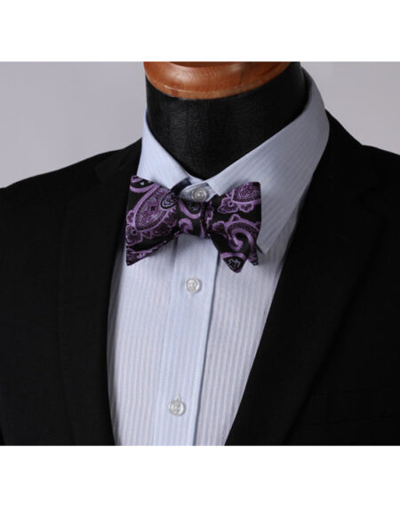 Men's Silk Purple Black Paisley Self Bow Tie & Pocket Handkerchief - Amedeo Exclusive