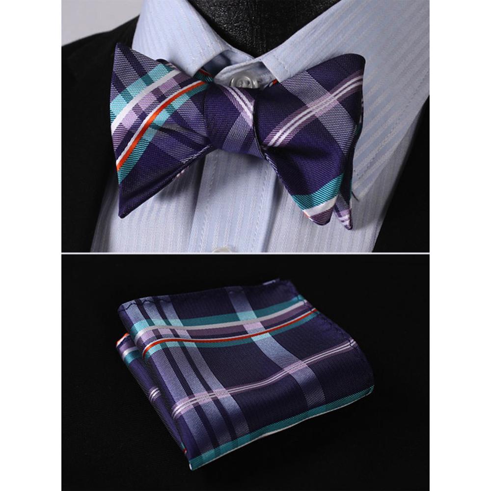 Men's Purple Aqua Orange Check Bow Tie & Pocket Handkerchief - Identical 18 - Amedeo Exclusive