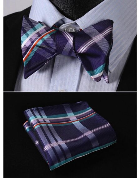 Men's Purple Aqua Orange Check Bow Tie & Pocket Handkerchief - Identical 27 - Amedeo Exclusive
