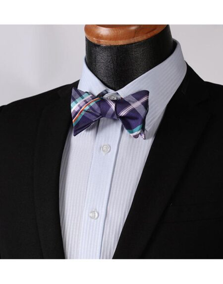 Men's Purple Aqua Orange Check Bow Tie & Pocket Handkerchief - Identical 28 - Amedeo Exclusive