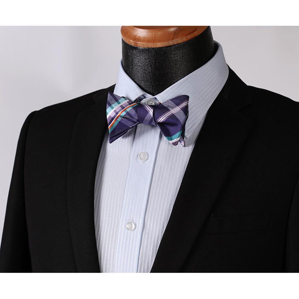 Men's Purple Aqua Orange Check Bow Tie & Pocket Handkerchief - Identical 13 - Amedeo Exclusive