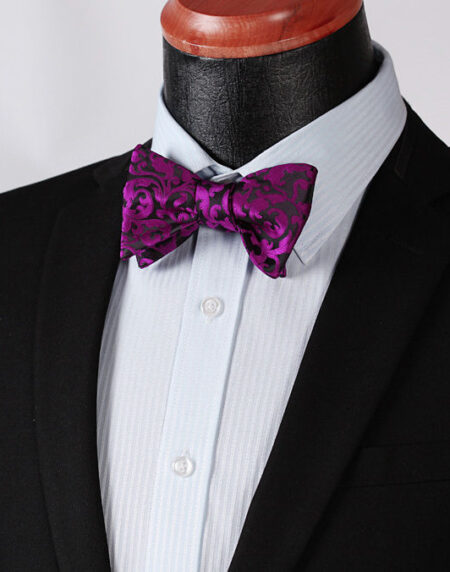 Men's Hot Purple Black Floral Silk Self Bow Tie With Handkerchief - Amedeo Exclusive