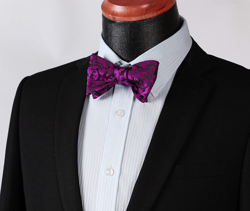 Men's Hot Purple Black Floral Silk Self Bow Tie With Handkerchief - Amedeo Exclusive