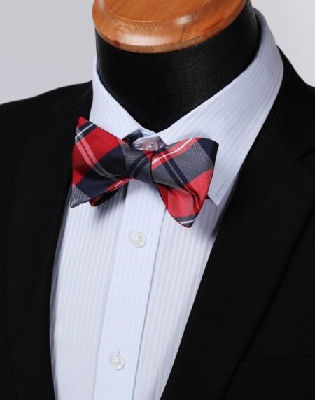 Men's Red Navy Blue Check Silk Self Bow Tie & Handkerchief - Amedeo Exclusive
