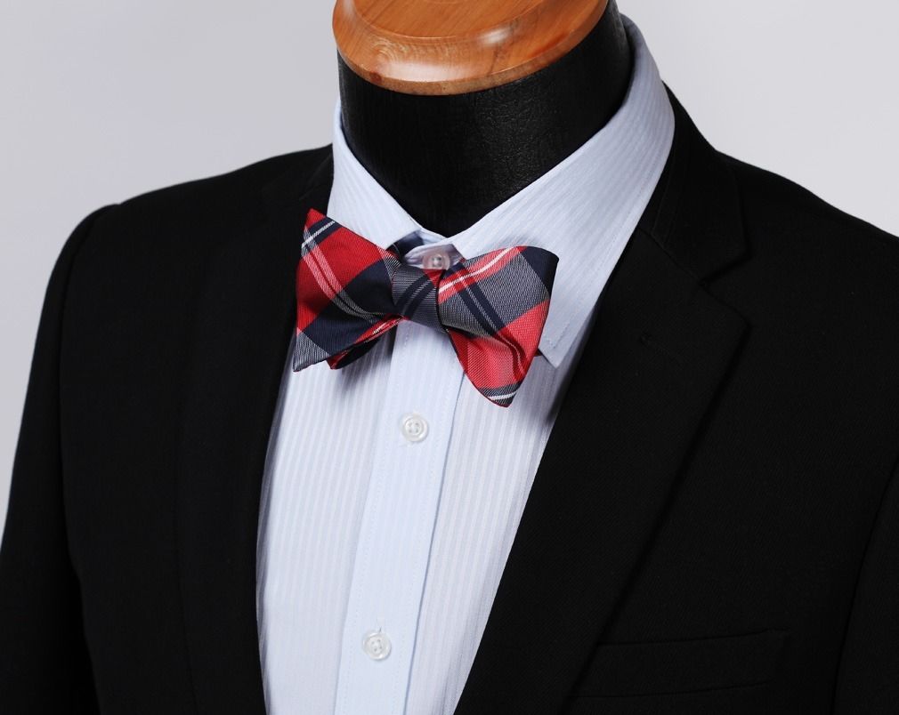 Men's Red Navy Blue Check Silk Self Bow Tie & Handkerchief - Amedeo Exclusive
