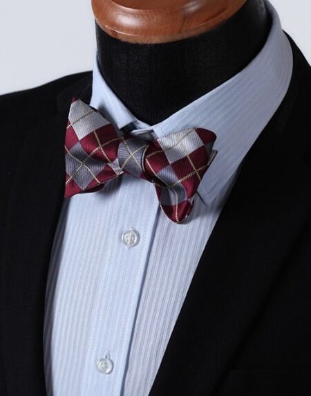Burgundy Gray check Mens Silk Self tie Bow Tie with Pocket Squares Set - Amedeo Exclusive
