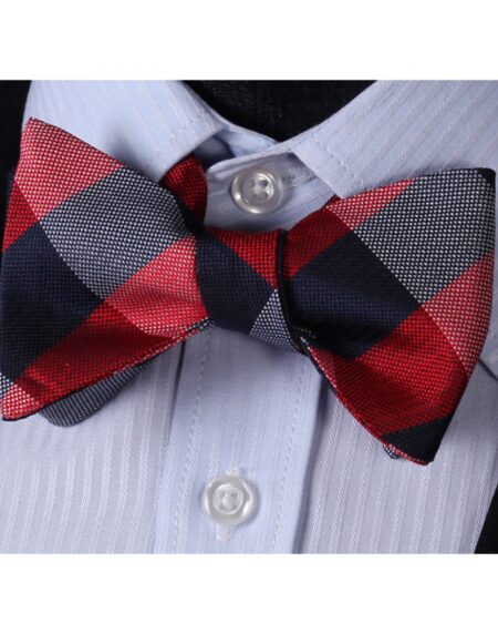 Red Navy Check Mens Silk Self tie Bow Tie with Pocket Squares Set - Amedeo Exclusive