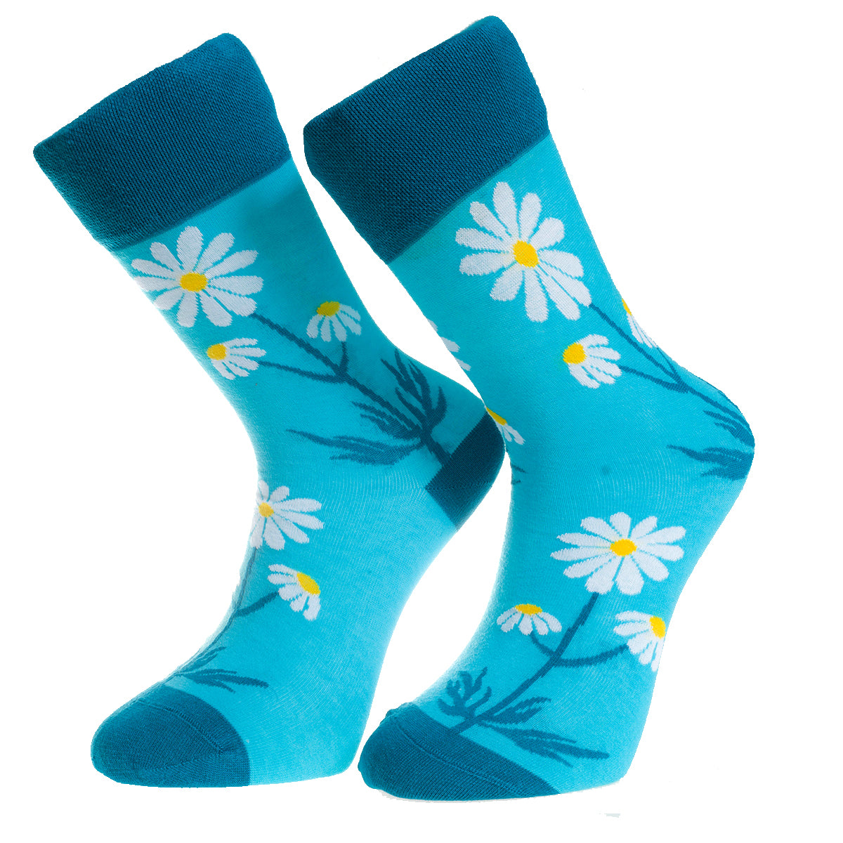 Blue and White Flower Printed -European Made - Egyptian Cotton Socks - Premium Cotton Fun socks with Soft Elastic - Image 2