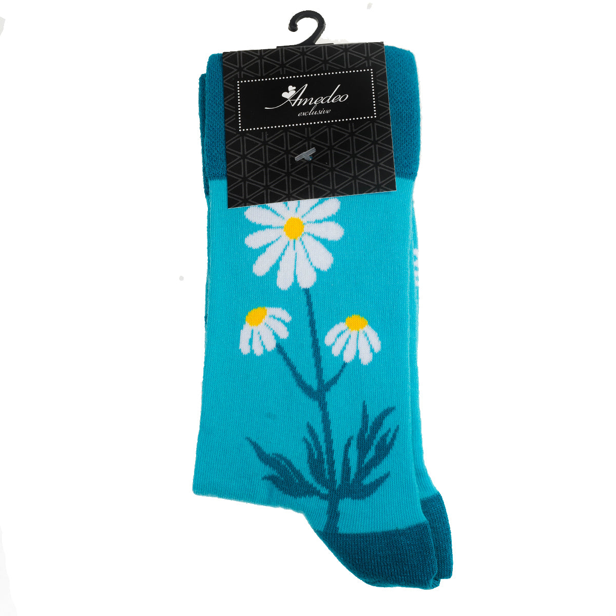 Blue and White Flower Printed -European Made - Egyptian Cotton Socks - Premium Cotton Fun socks with Soft Elastic - Image 3