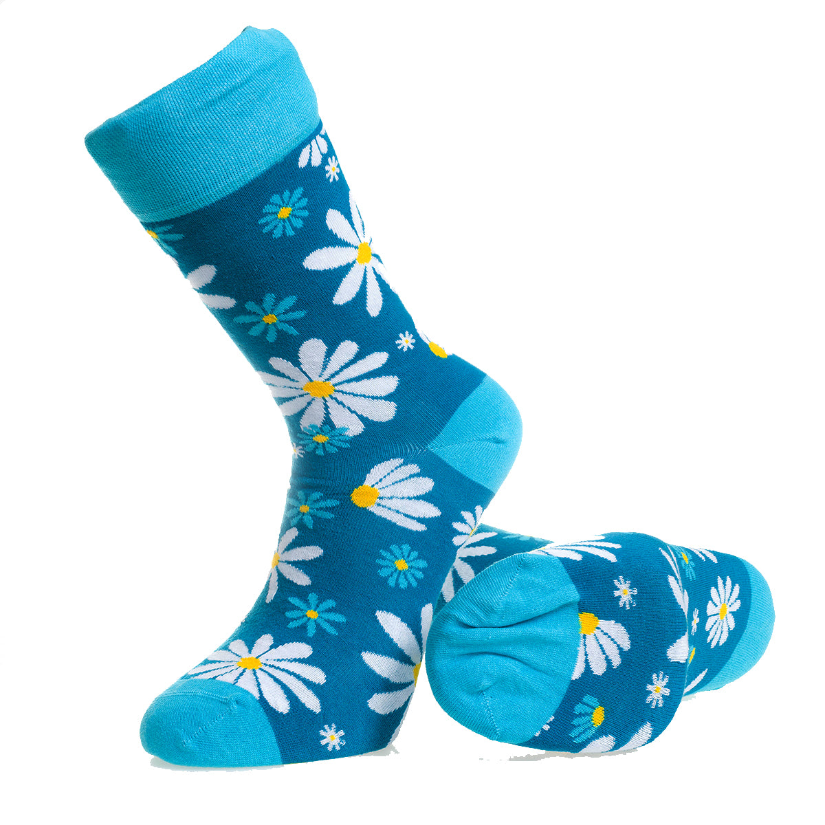Blue With White Flowers-European Made - Egyptian Cotton Socks - Premium Cotton Fun socks with Soft Elastic