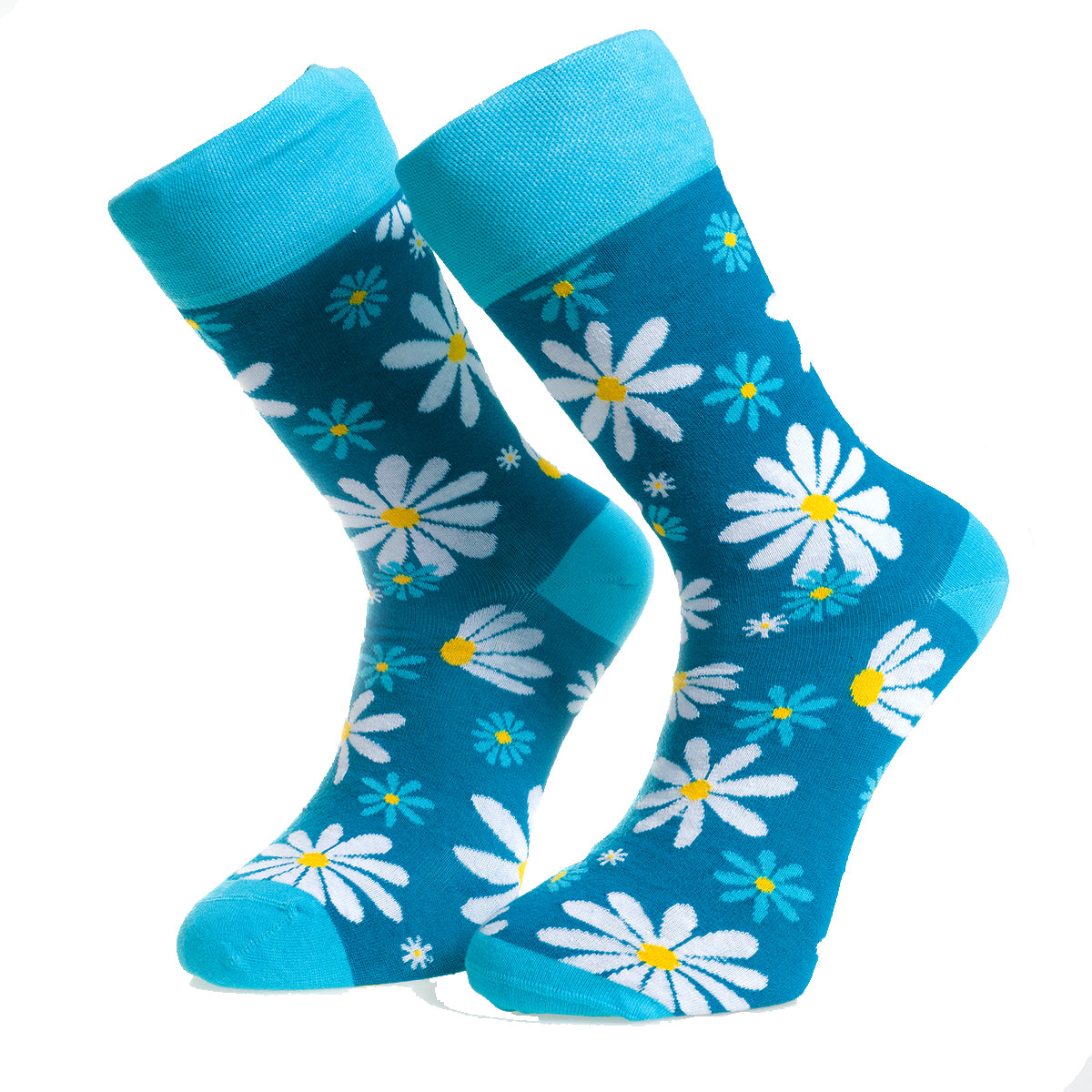 Blue With White Flowers-European Made - Egyptian Cotton Socks - Premium Cotton Fun socks with Soft Elastic - Image 2