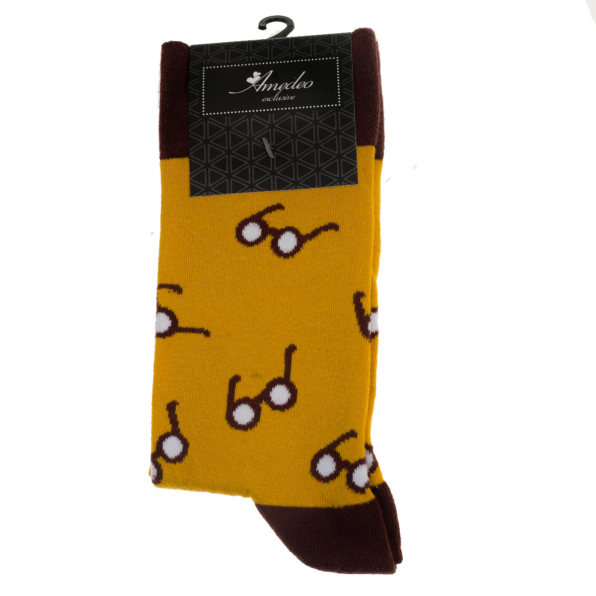 Yellow With White Glasses Printed-European Made - Egyptian Cotton Socks - Premium Cotton Fun socks with Soft Elastic - Image 2