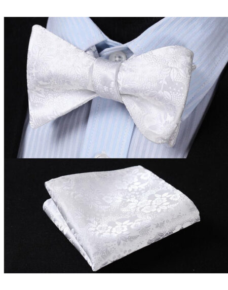 White Mens Silk Self tie Bow Tie with Pocket Squares Set - Amedeo Exclusive