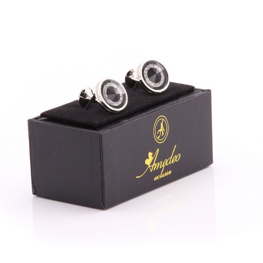 Silver Black with Zirconia Mens Stainless Steel Round Cufflinks For Shirt With Box - Hand Crafted Perfect - Image 2