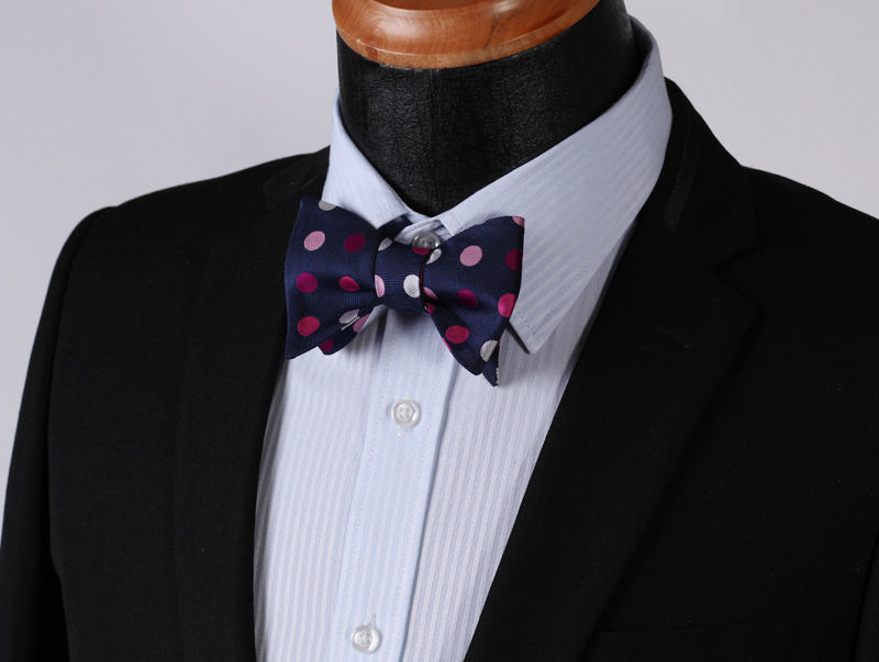 Men's Silk Pink Navy Blue Polka Dot Self Bow Tie Matching Handkerchief - Amedeo Exclusive