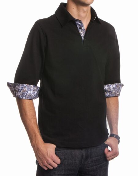 Black Paisley Mens Slim Fit Polo Shirts - 100% Soft Cotton - Tailored Comfortable Fit - Amedeo Exclusive
