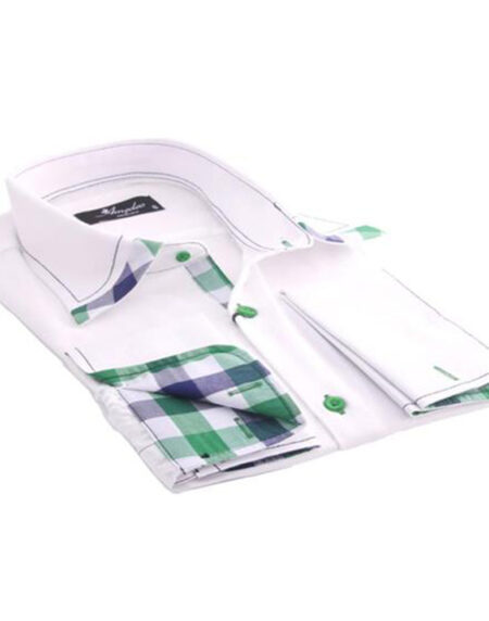 White with Green & Black Check Men's Dress Shirt, Button Down Slim Fit With French Cuff Casual And - Amedeo Exclusive