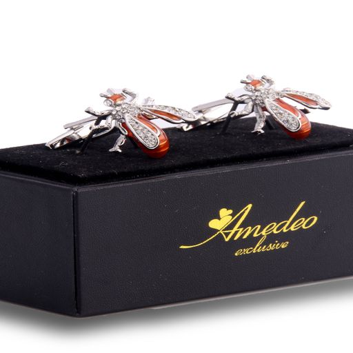 Men's Stainless Steel Orange Diamond Flies Cufflinks with Box - Image 2