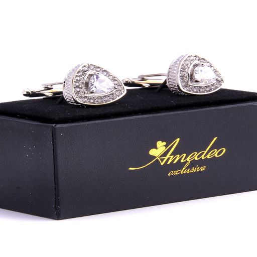 White with White Triangle Mens Stainless Steel Diamond Cufflinks for Shirt with Box - Hand Crafted - Image 2